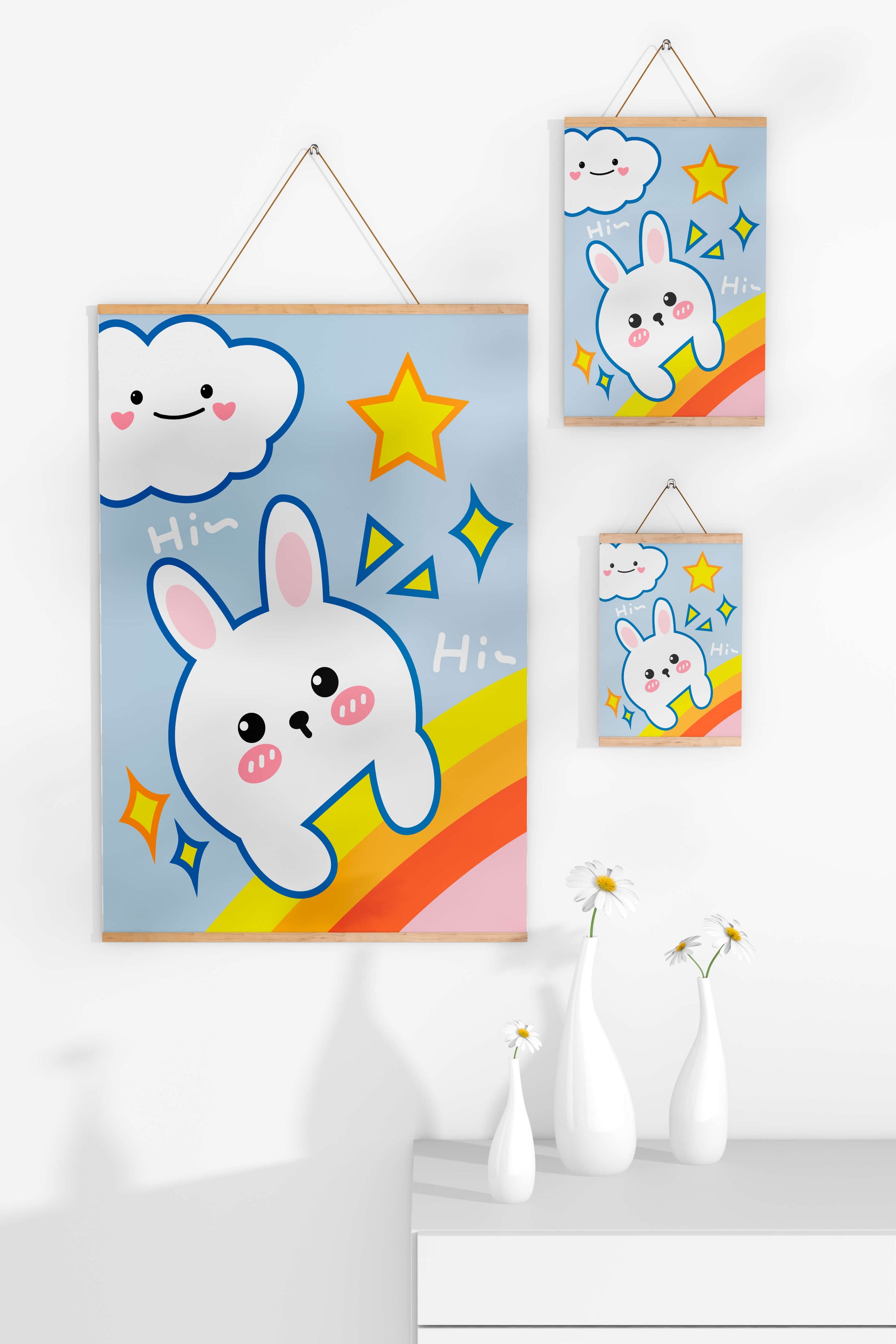 Whimsical cartoon bunny with cloud and rainbow theme