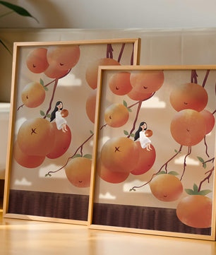 Whimsical illustration of girl with giant oranges and branches