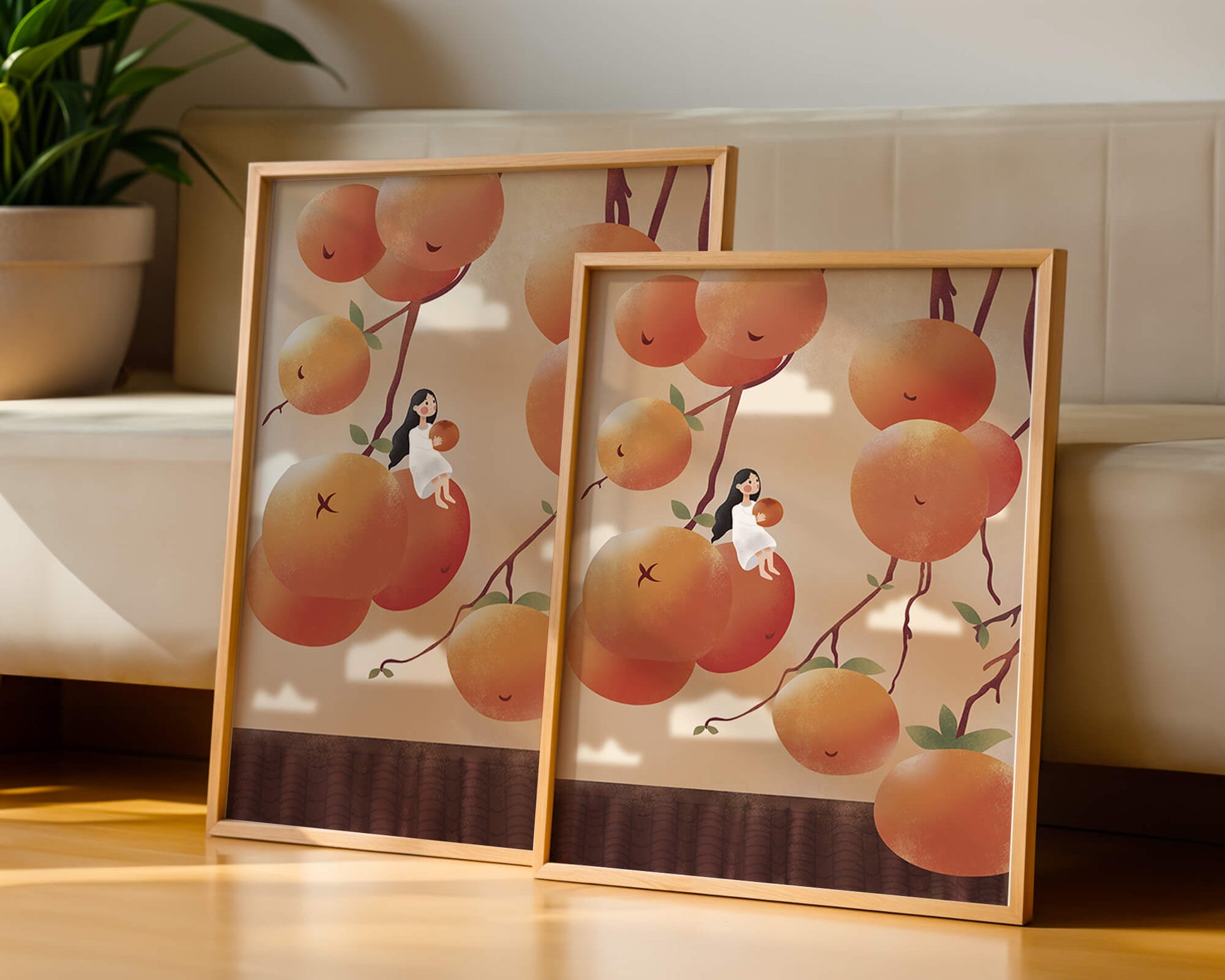 Whimsical illustration of girl with giant oranges and branches