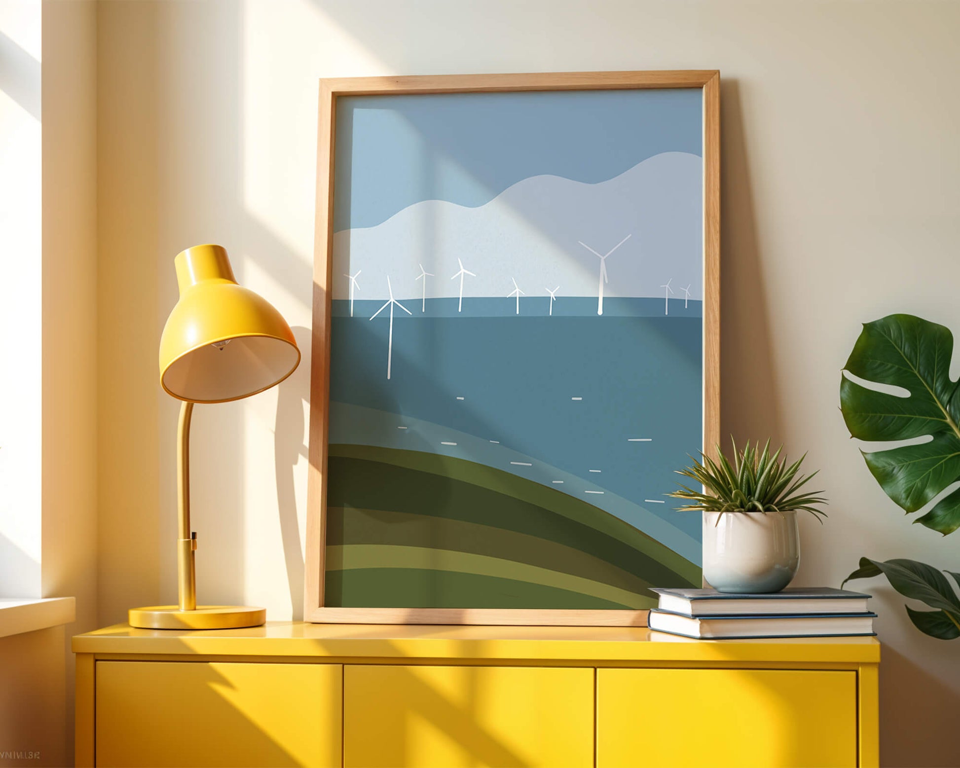 Wind Turbines on Rolling Hills Against a Clear Blue Sky
