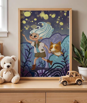 Whimsical Adventure in a Magical Night Sky Landscape