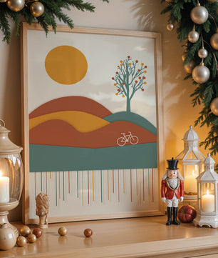 Abstract landscape with bicycle and tree in vibrant colors
