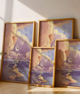 Whimsical journey on a dreamlike path beneath colorful clouds