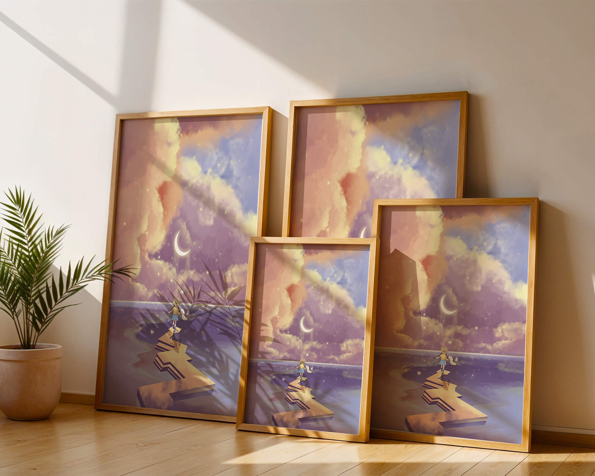 Whimsical journey on a dreamlike path beneath colorful clouds