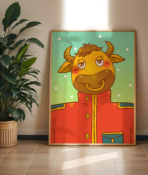 Cartoon cow character in a red coat against a snowy background