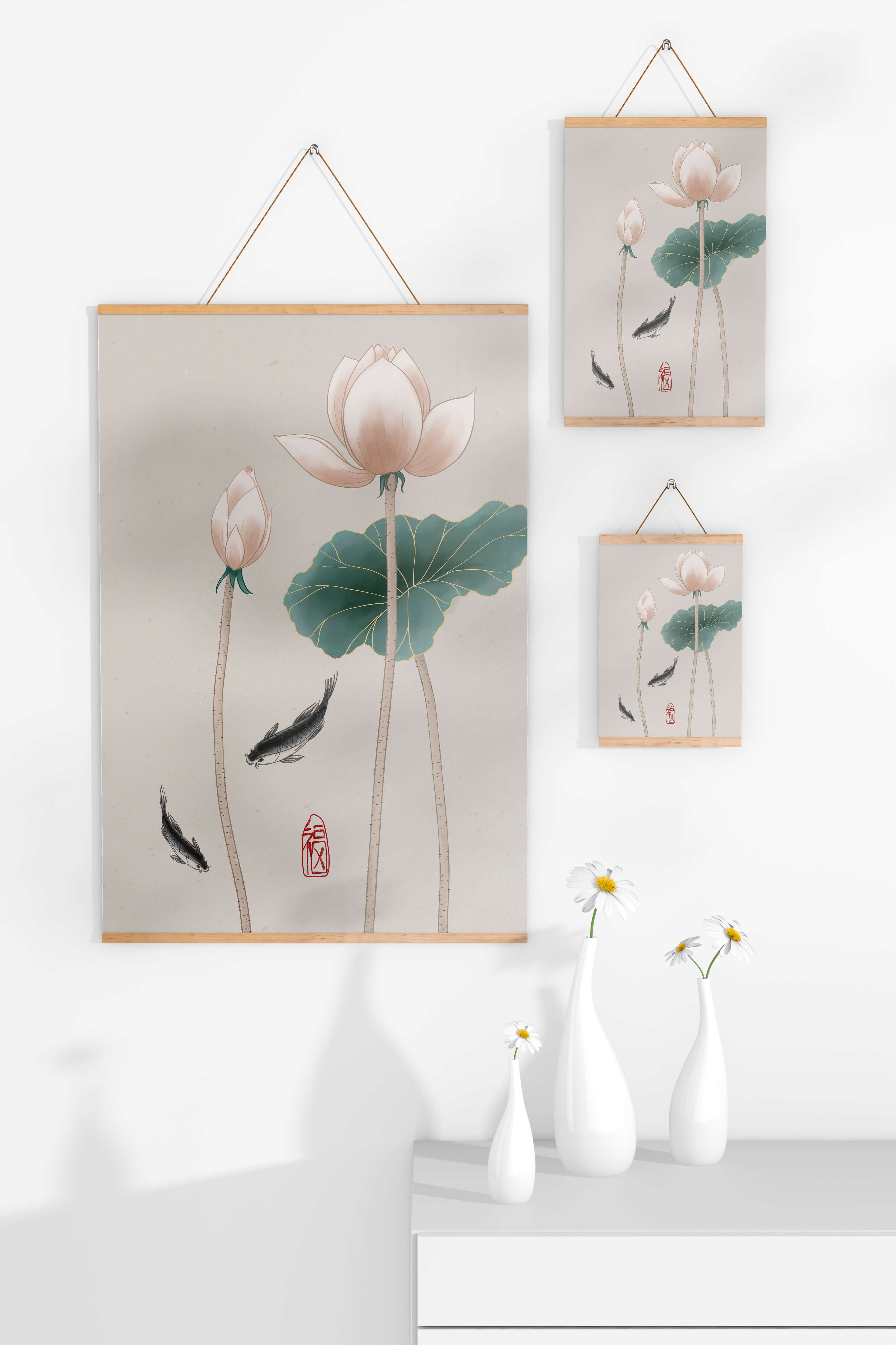 Lotus flowers and koi fish in minimalist Asian art illustration