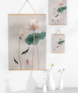 Fleurs de lotus et carpes koï dans une illustration d’art asiatique minimaliste