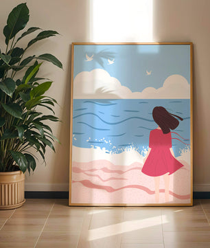 Serene seaside illustration with a girl in a pink dress gazing at the ocean