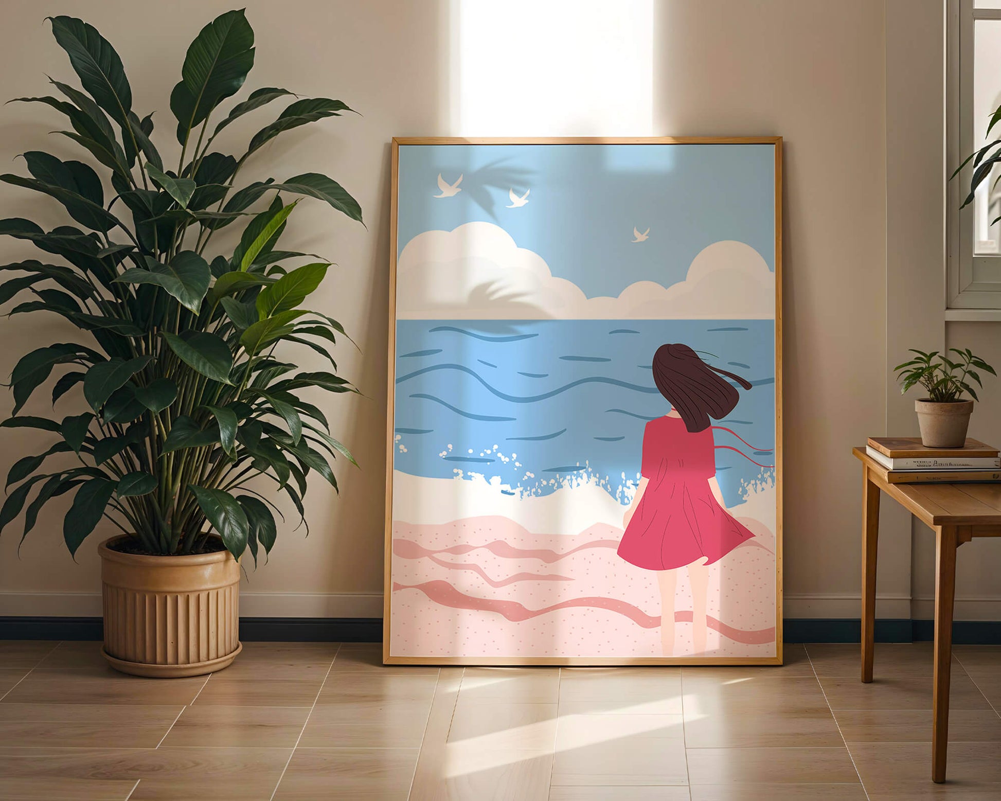 Serene seaside illustration with a girl in a pink dress gazing at the ocean