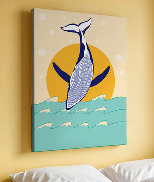 Ilustración de una ballena saltando sobre las olas con un fondo de sol