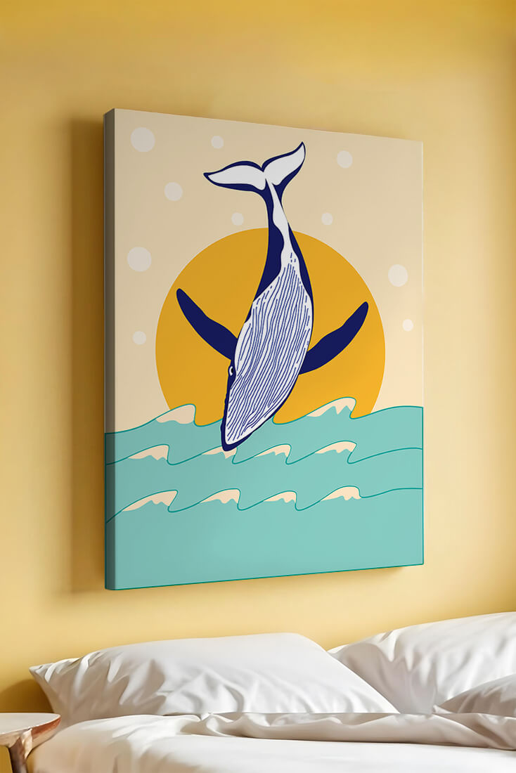 Illustration of a whale jumping over waves with sun backdrop