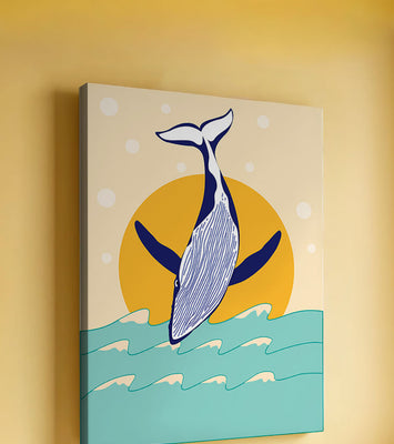 Illustration of a whale jumping over waves with sun backdrop