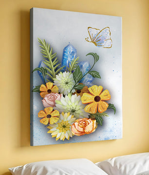Floral and crystal arrangement with golden butterfly