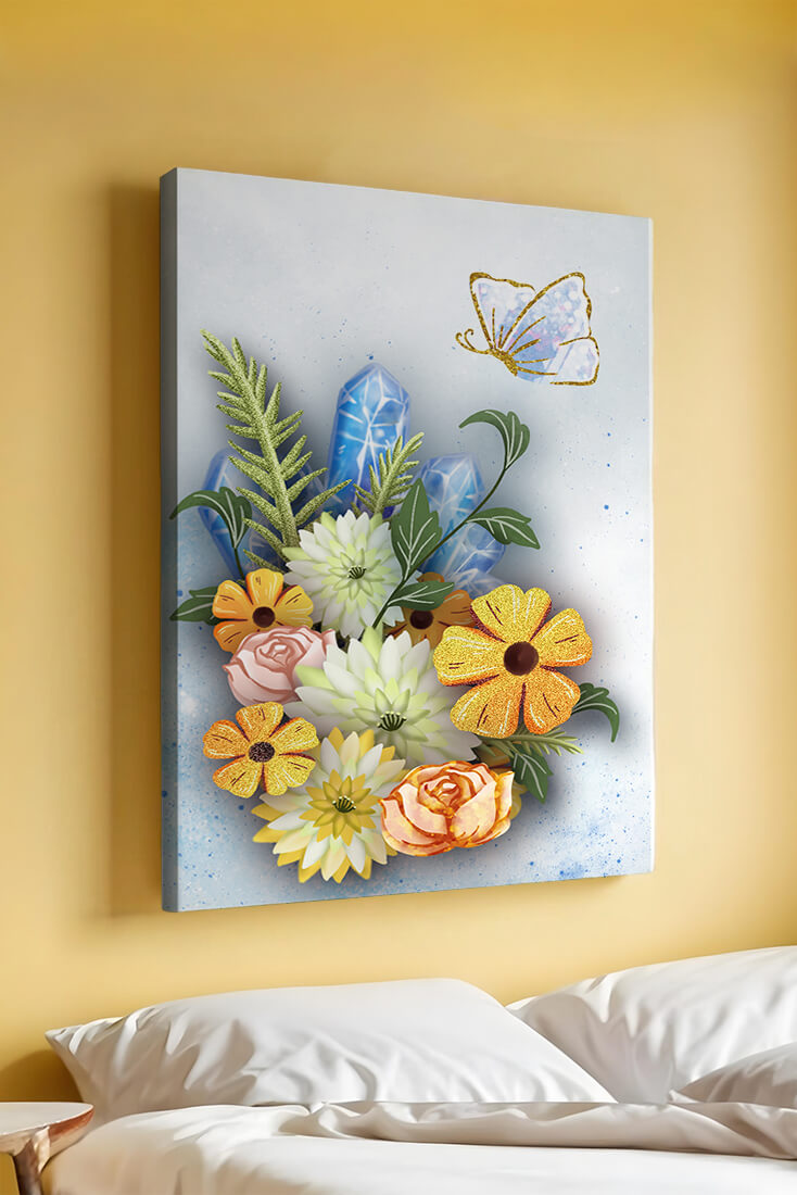 Floral and crystal arrangement with golden butterfly