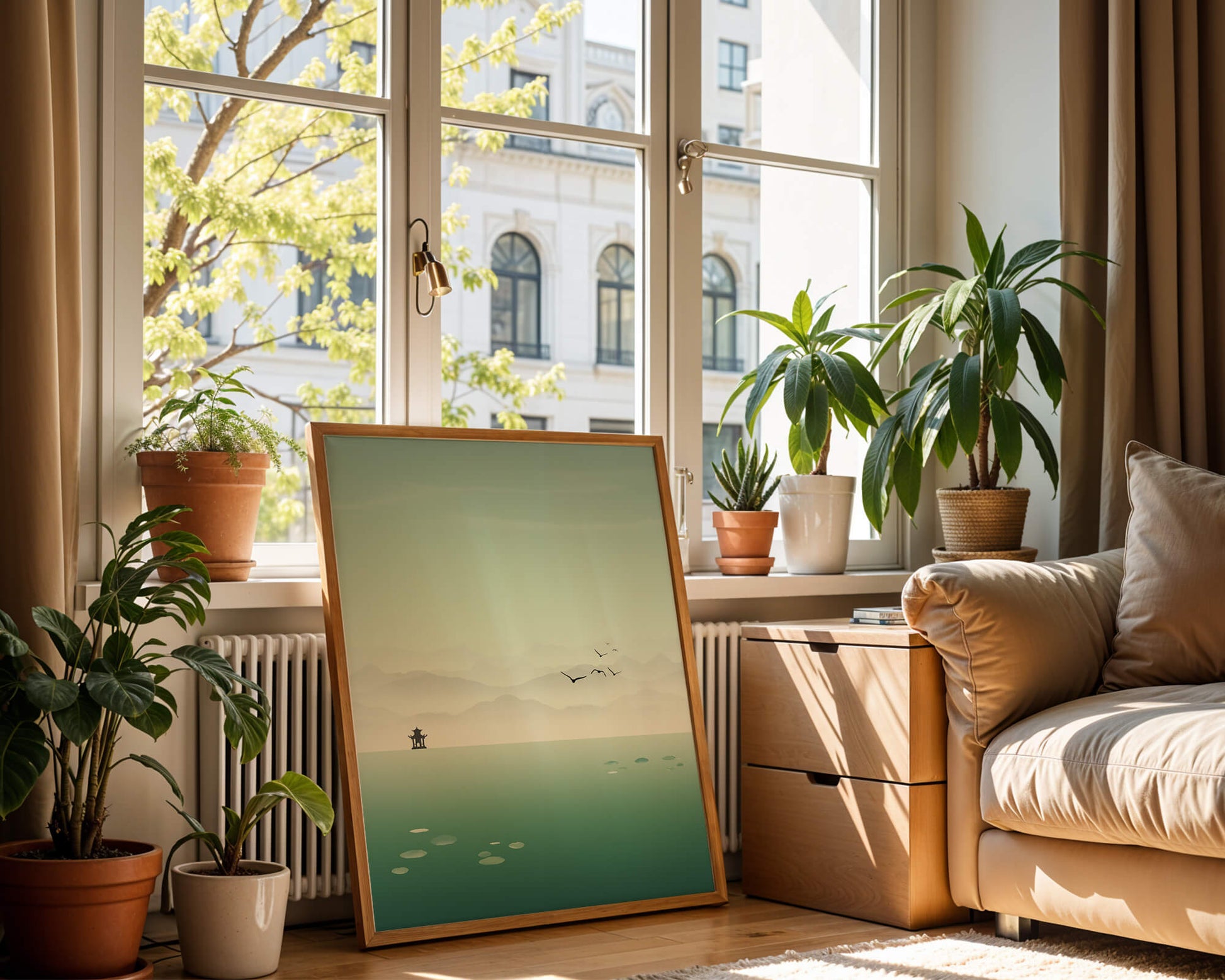 Serene landscape with pagoda and birds over a misty lake