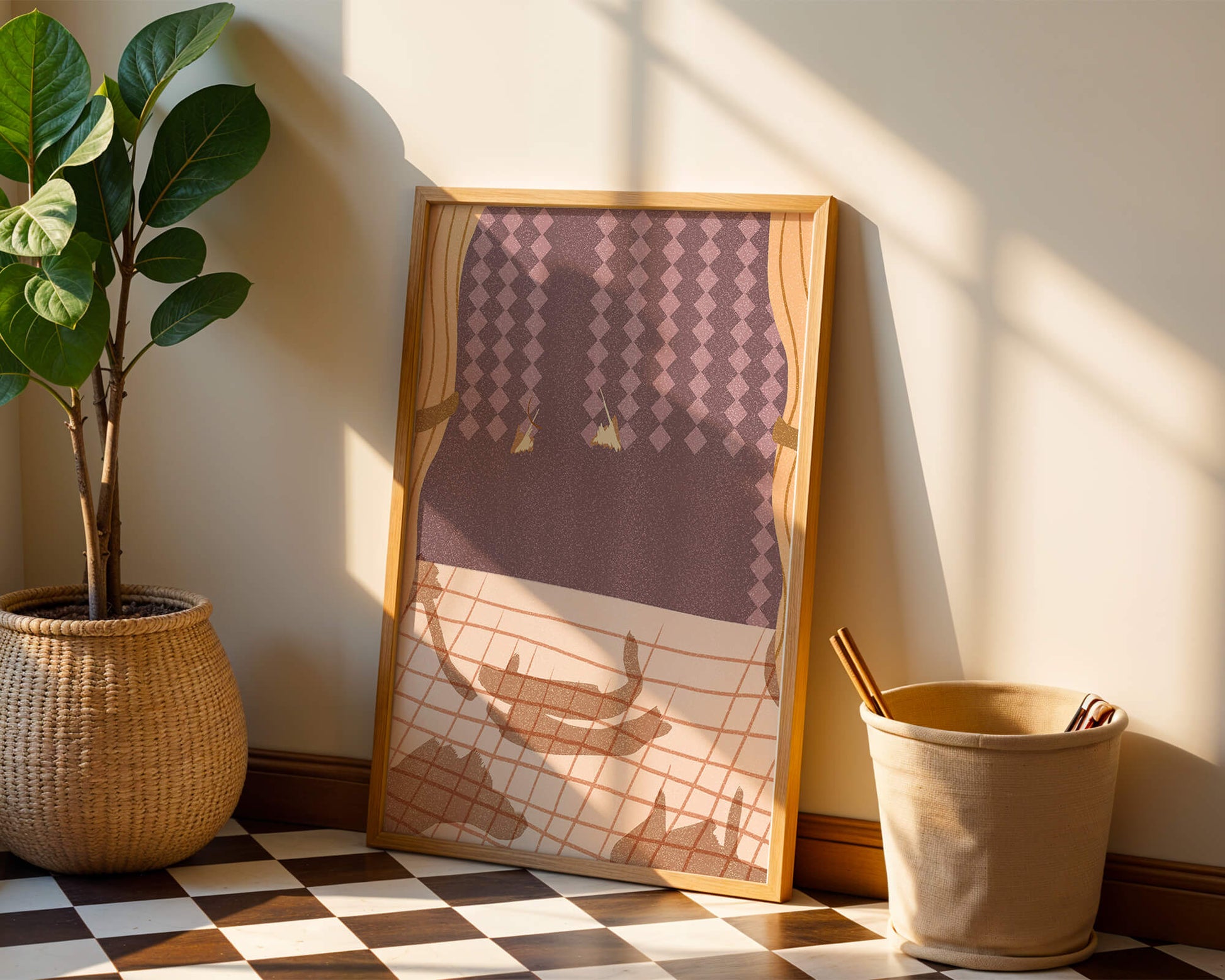 Abstract Interior with Cats' Shadows on Checkered Floor
