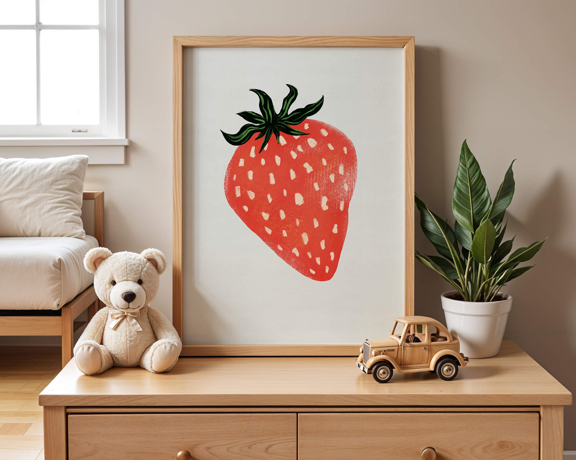 Illustrative design of a vibrant red strawberry with green leaves