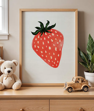 Illustrative design of a vibrant red strawberry with green leaves