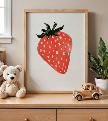 Illustrative design of a vibrant red strawberry with green leaves