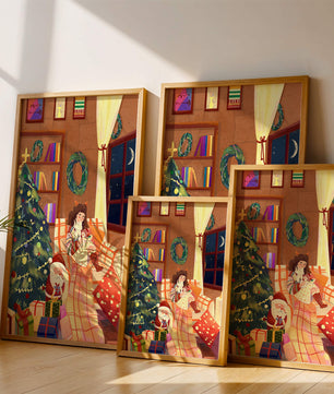 Cozy Christmas scene with tree, gifts, and a child by the window