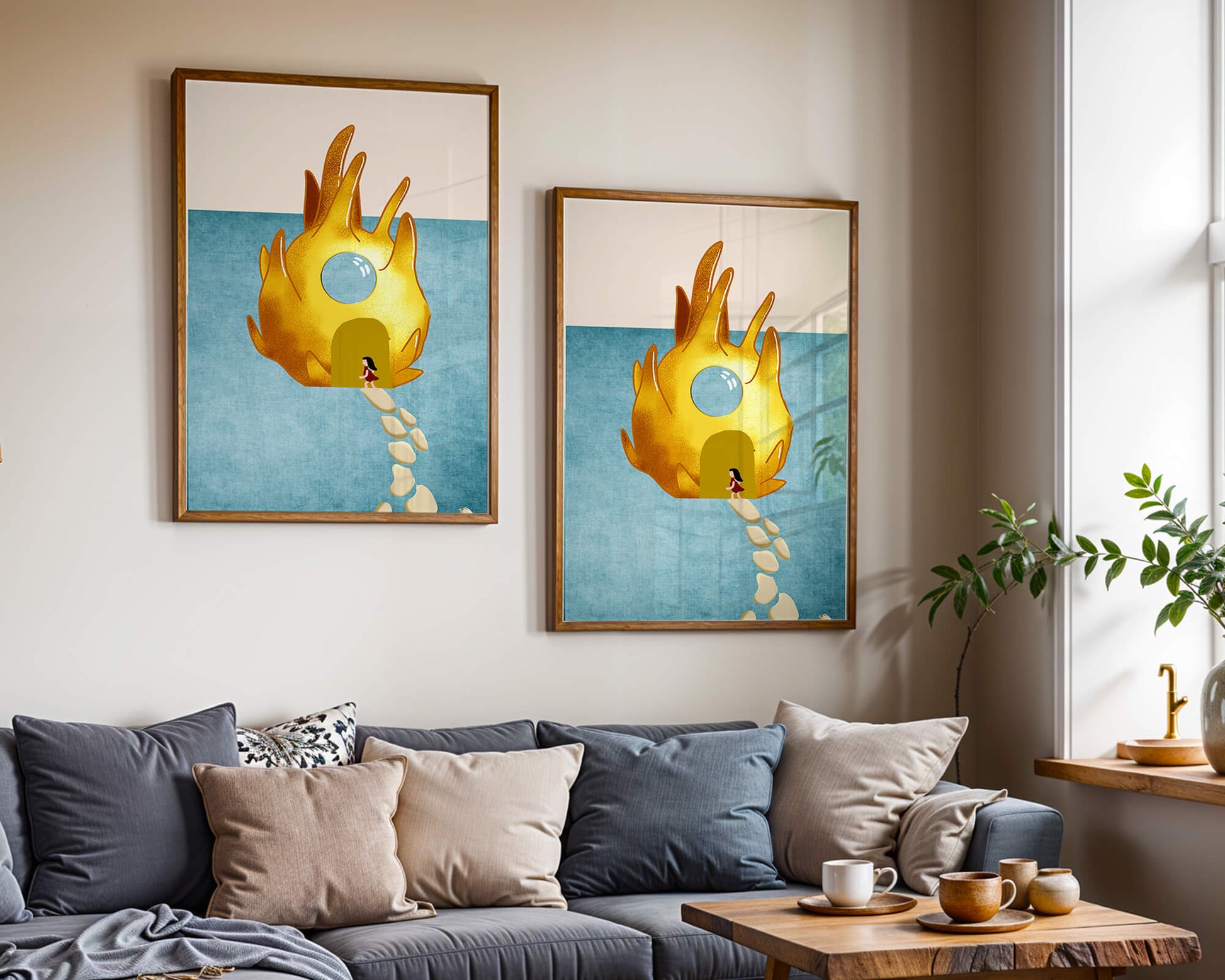 Enchanted House With Golden Flame Shape On Light Blue Background