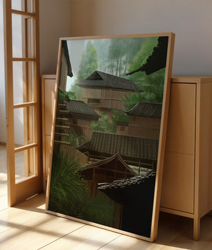 Traditional Japanese Architectural Scene with Lush Greenery