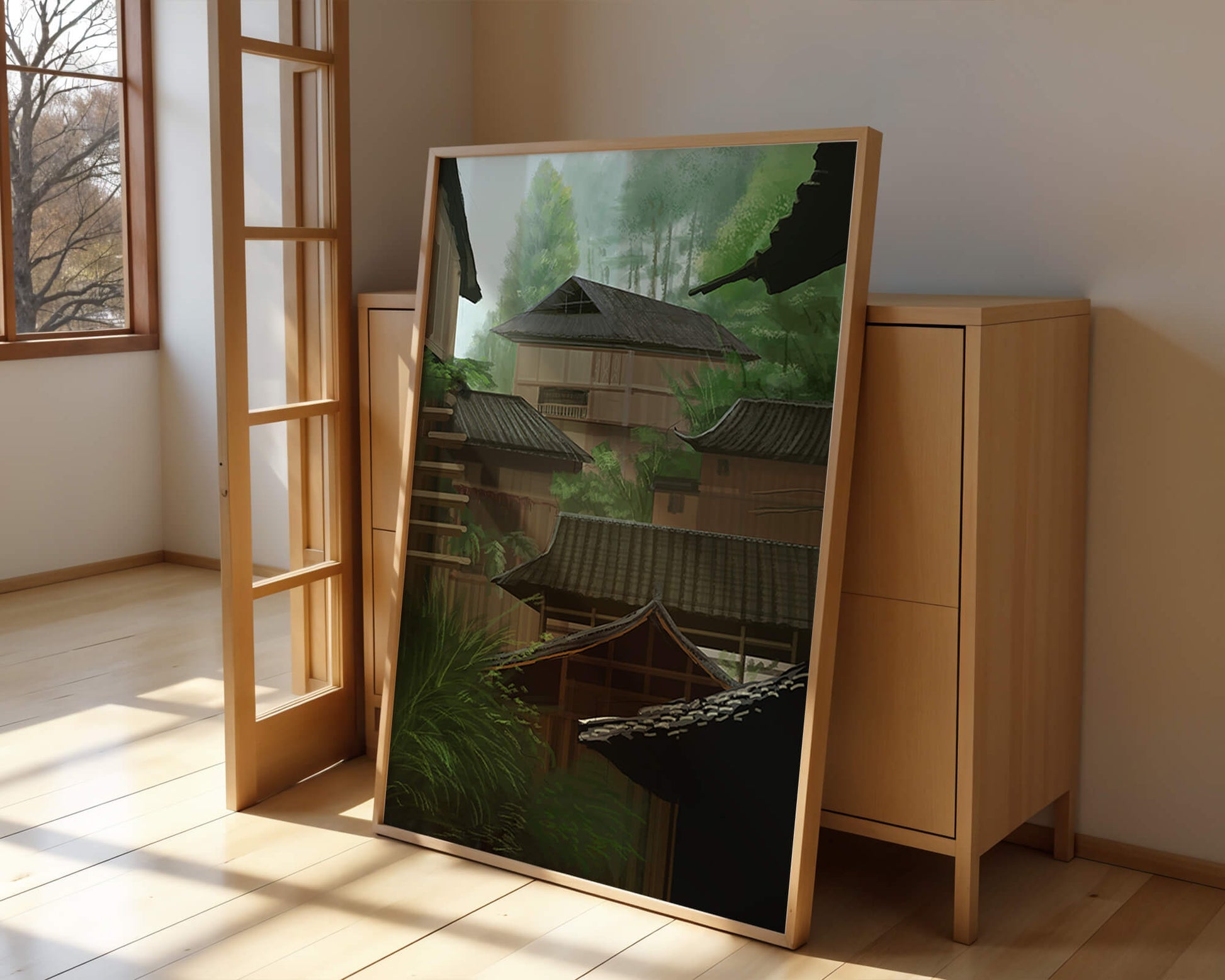 Traditional Japanese Architectural Scene with Lush Greenery