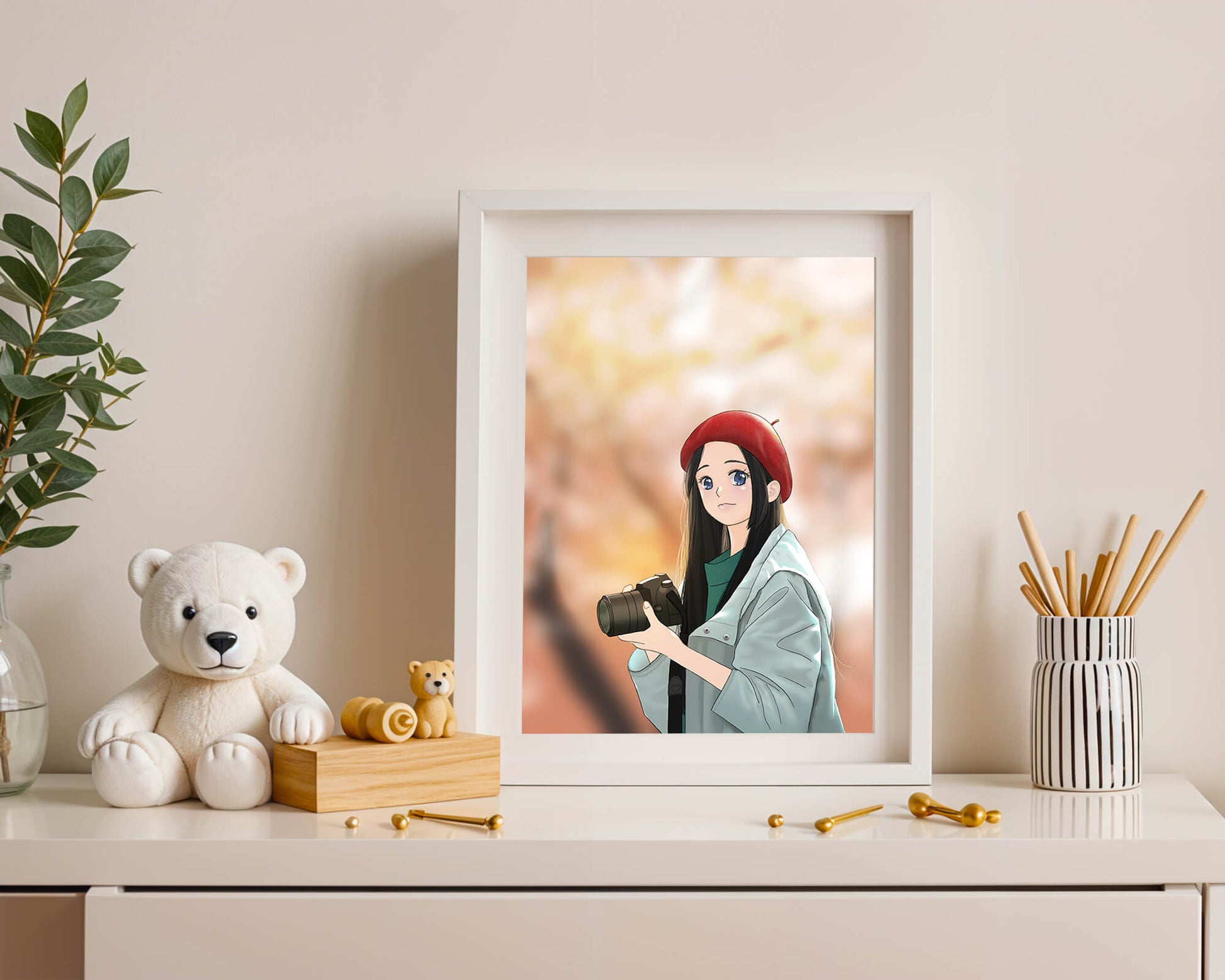 Anime girl in red beret holding camera during autumn