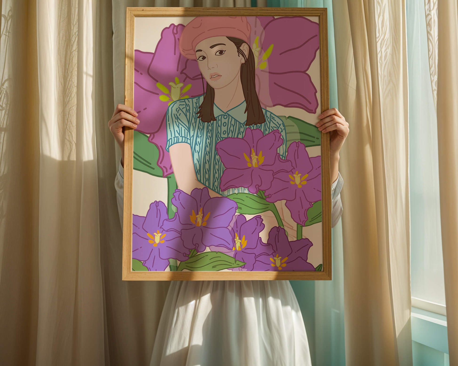 Ilustración de una joven con boina rosa y flores moradas