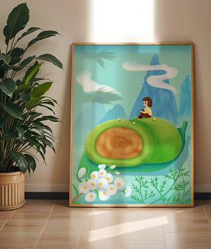 Serene Landscape with Child Sitting on Giant Leaf in Mountainous Fantasy Setting