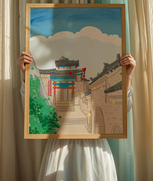 Arquitectura china tradicional con toques vibrantes y fondo escénico
