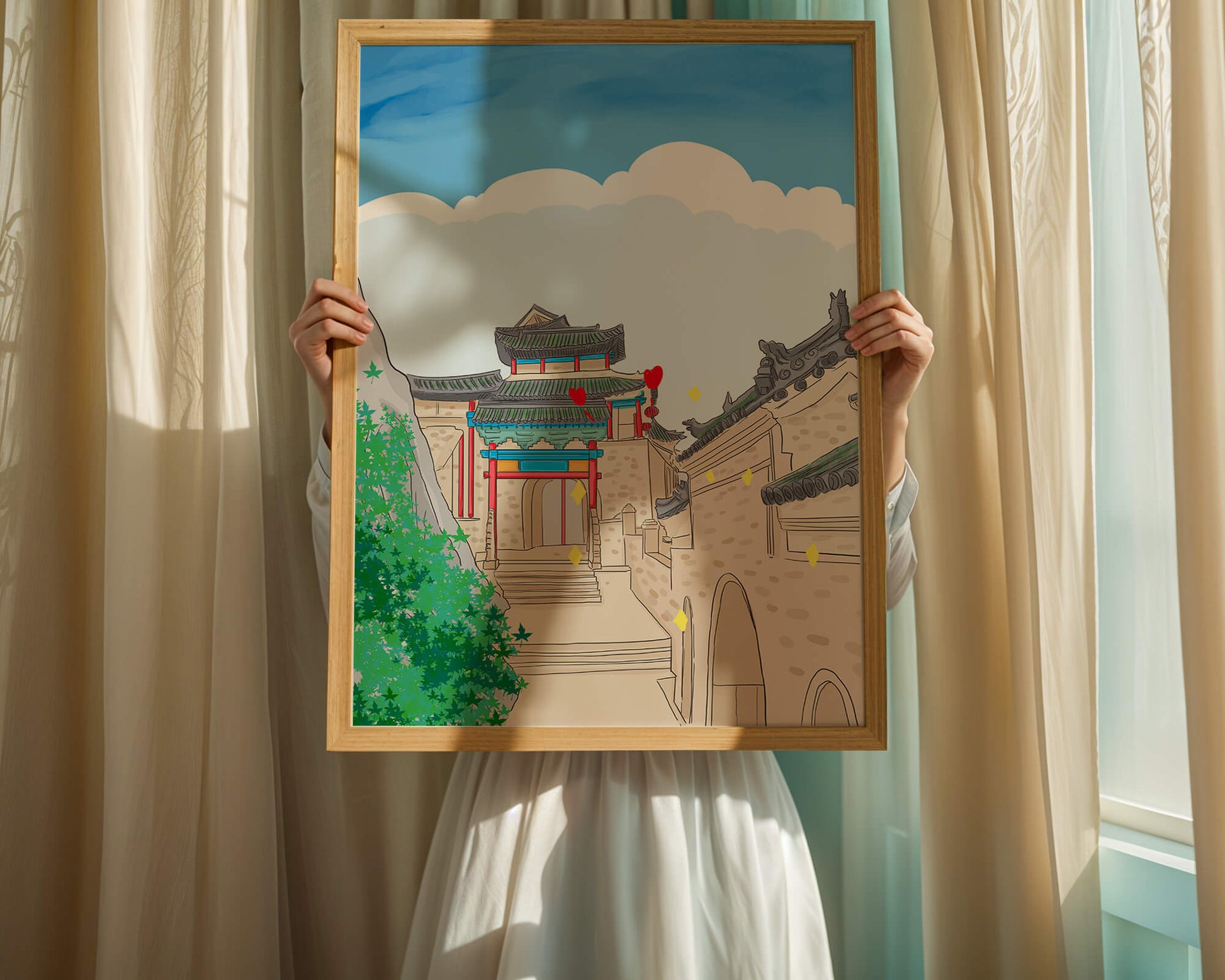 Arquitectura china tradicional con toques vibrantes y fondo escénico