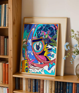 Vibrant abstract art with waves and neon elements