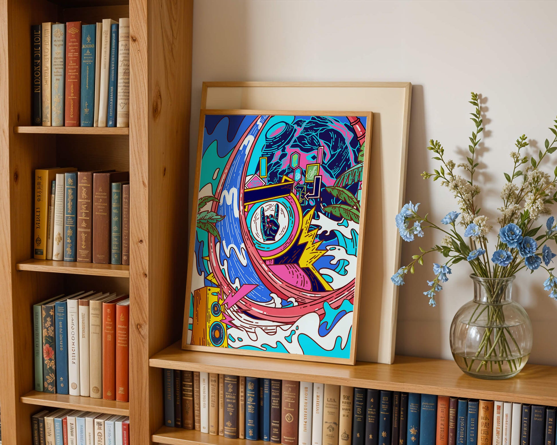 Vibrant abstract art with waves and neon elements