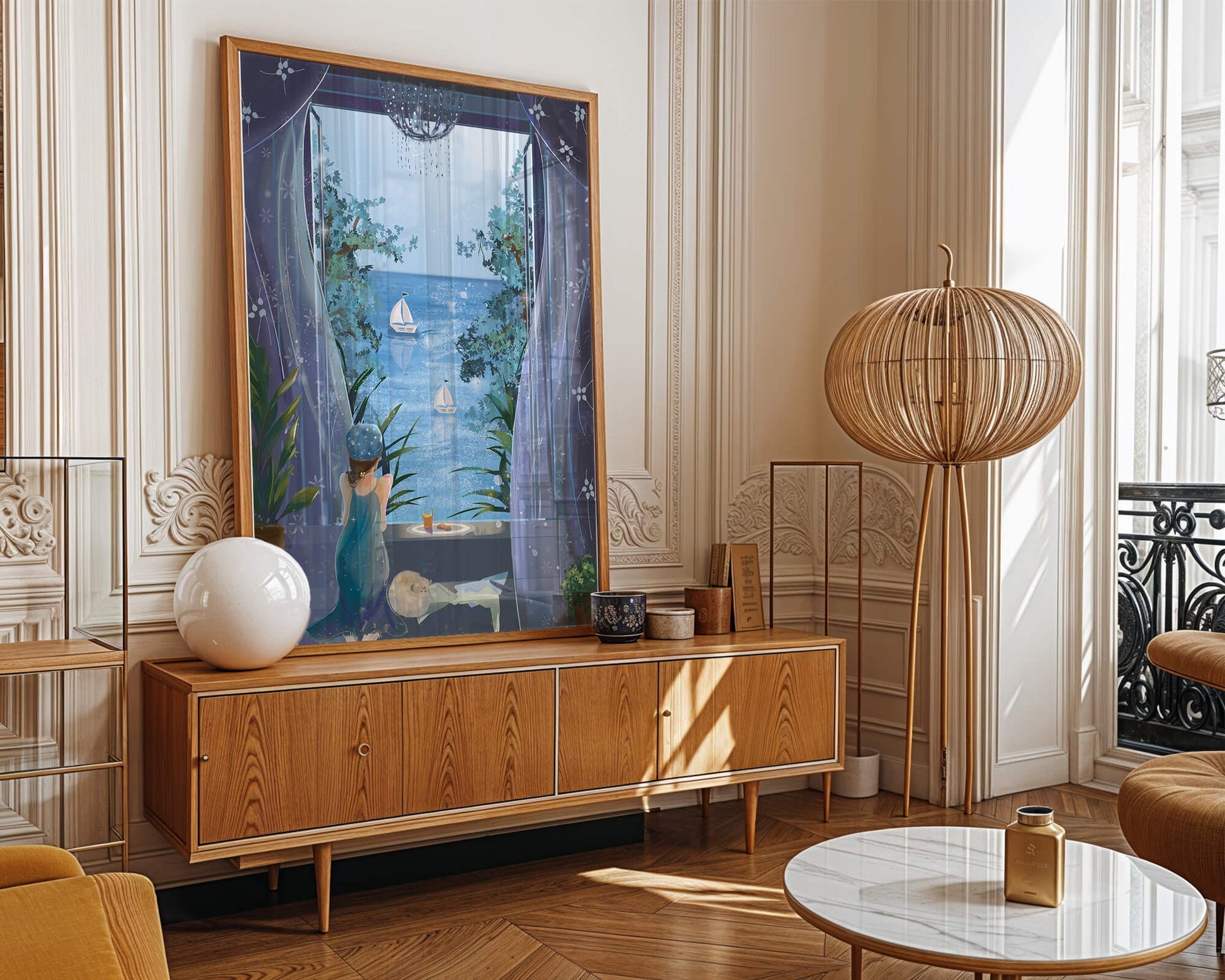 Peaceful Seaside View Through Open Window with Girl and Cat