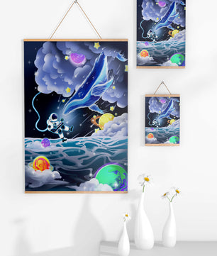 Astronaut Exploring a Surreal Cosmic Ocean with a Glowing Whale