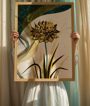 Golden flower artwork with abstract background for contemporary decor