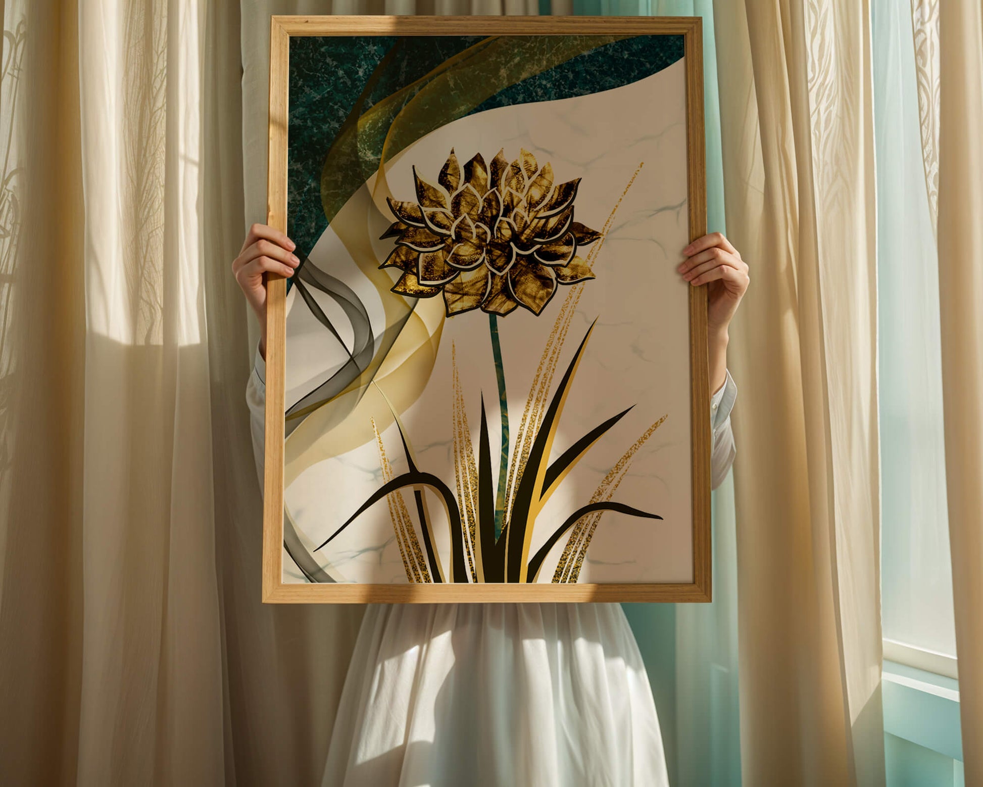 Golden flower artwork with abstract background for contemporary decor