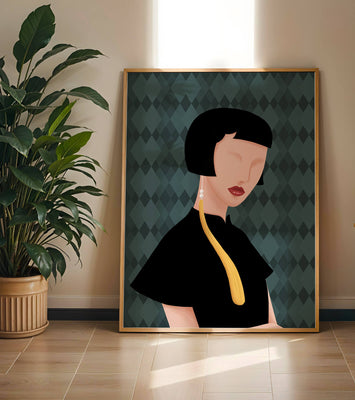 Elegant woman with short hair and golden earring on patterned background