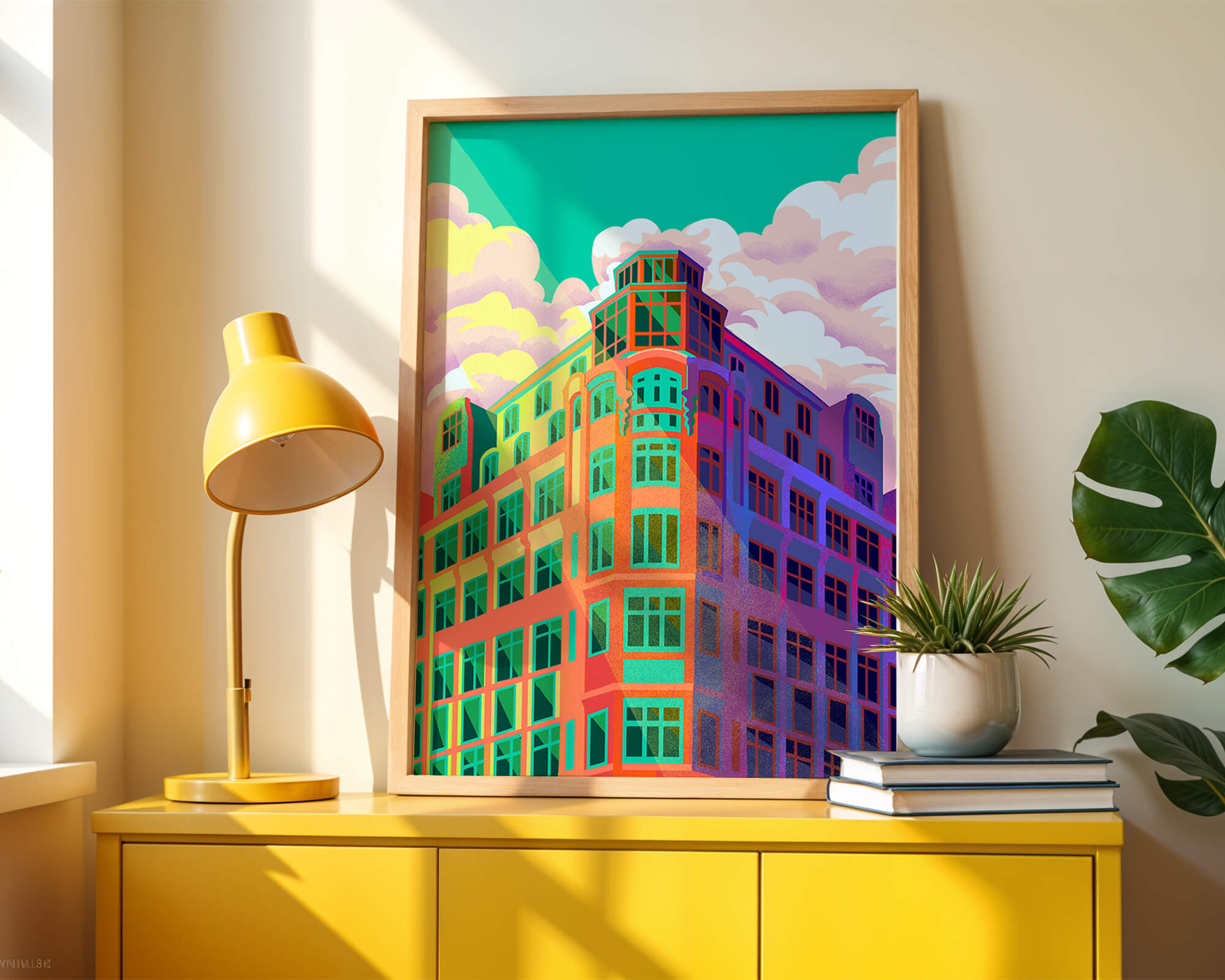 Colorful geometric building with vibrant sky