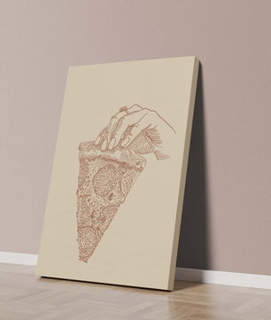 Mano sosteniendo una ilustración detallada de una porción de pizza vintage