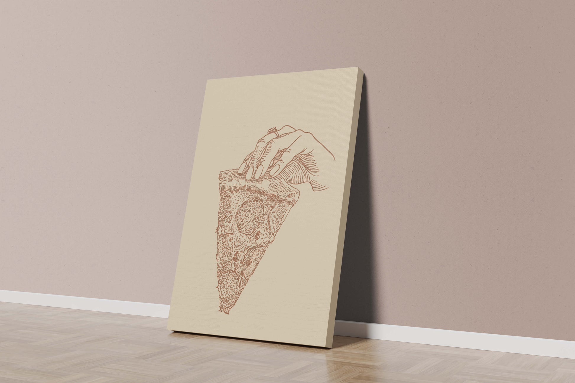 Hand holding a detailed vintage pizza slice illustration