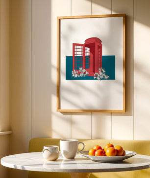 A Pink Phone Booth Surrounded by Flowers on a Teal Background