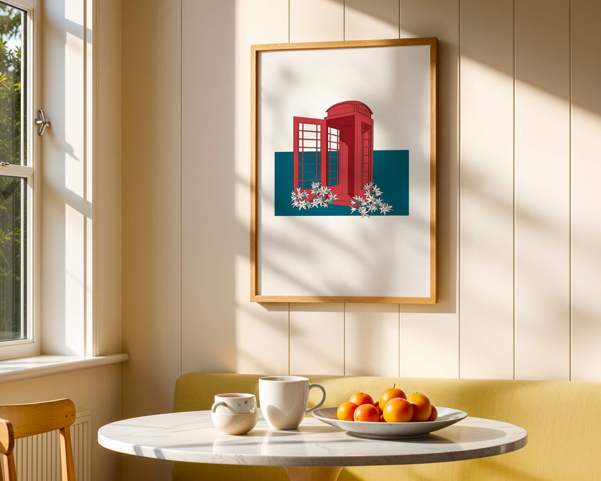 A Pink Phone Booth Surrounded by Flowers on a Teal Background