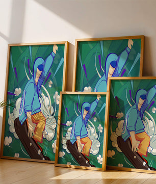 Ilustración abstracta colorida de una persona en movimiento con tonos azules y verdes