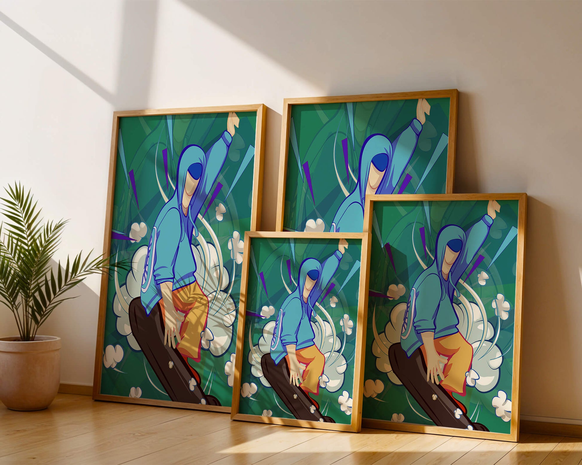 Ilustración abstracta colorida de una persona en movimiento con tonos azules y verdes