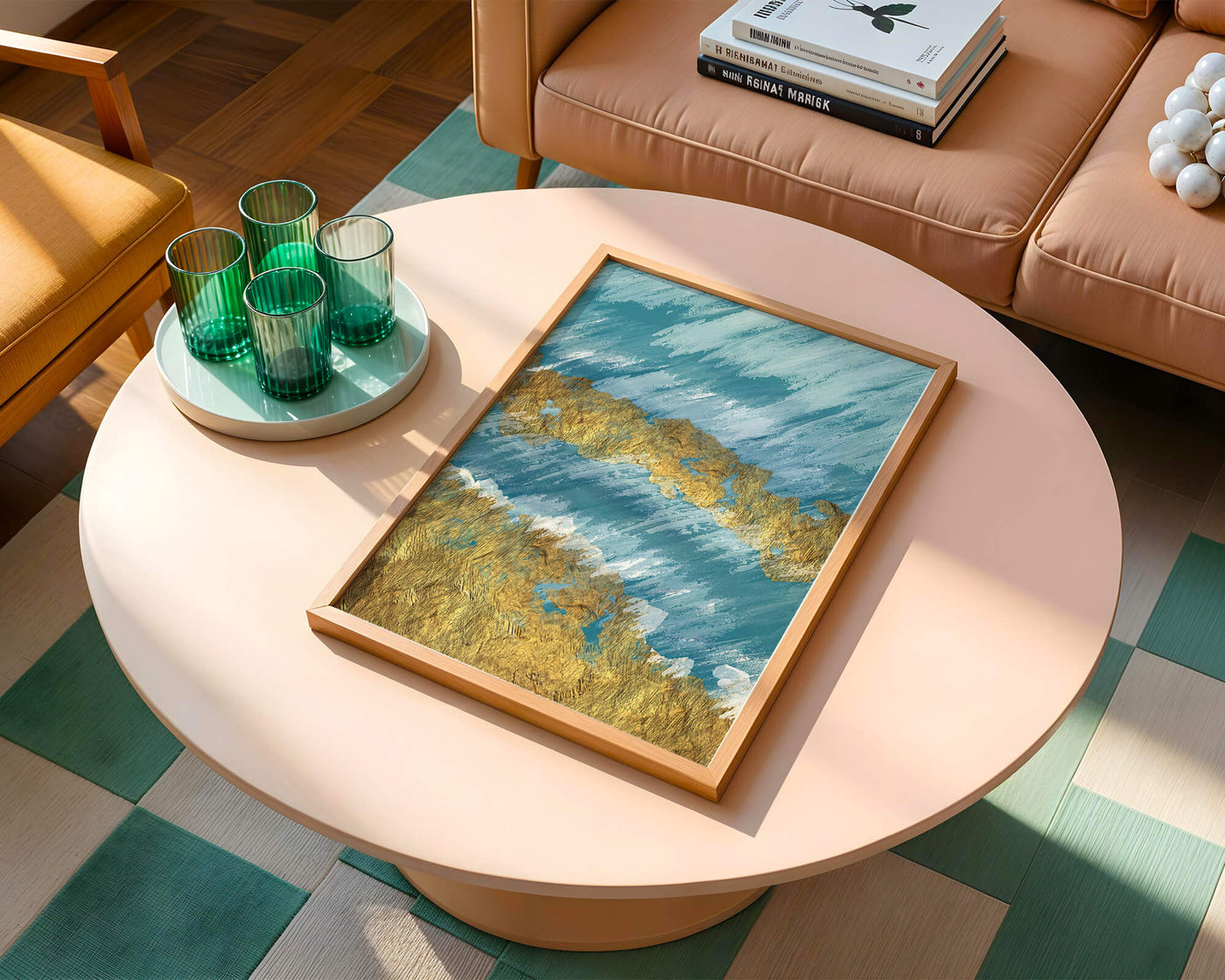 Abstract painting with gold texture and blue background
