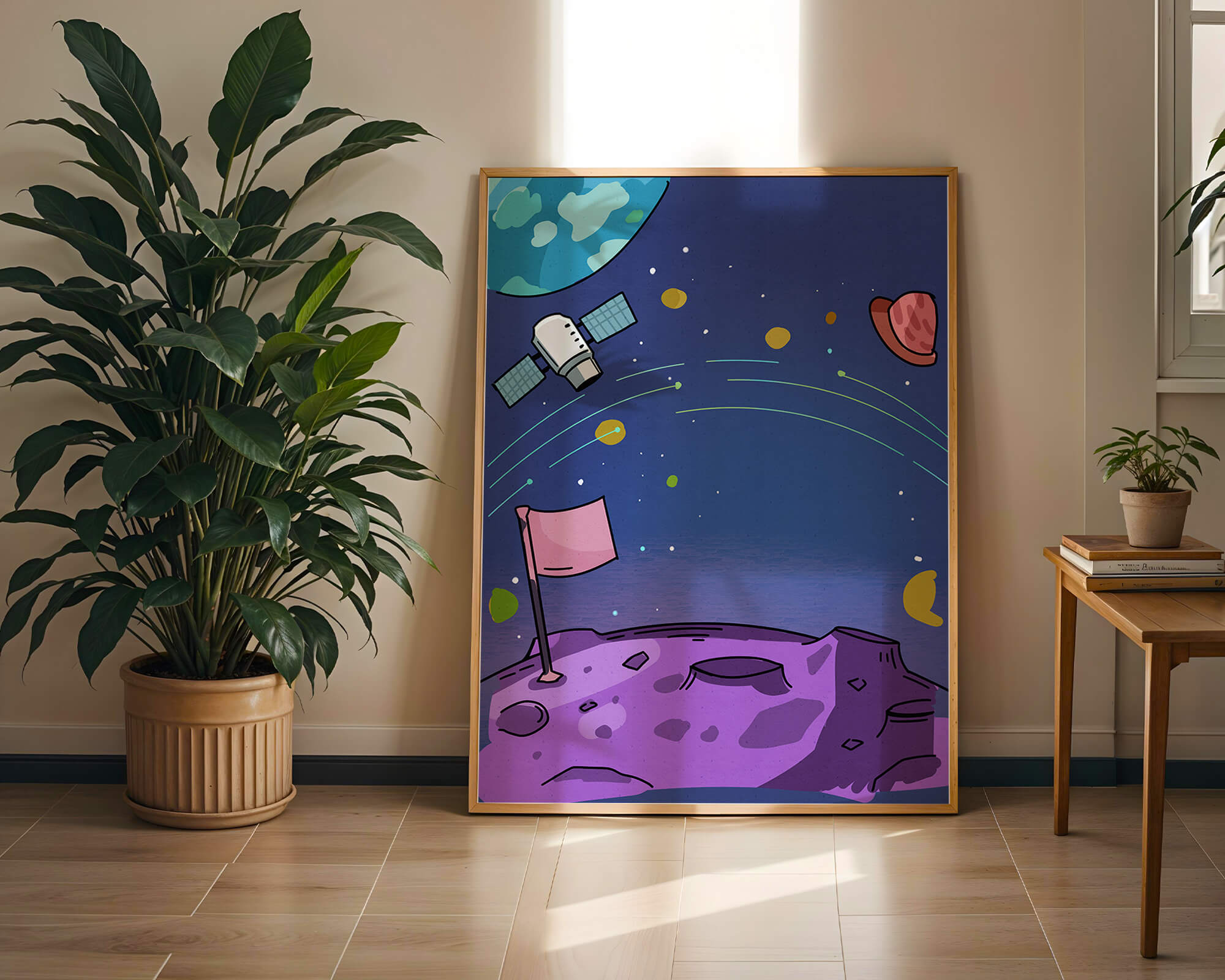 Illustration of outer space scene with planets and satellite