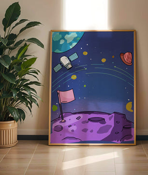 Illustration of outer space scene with planets and satellite