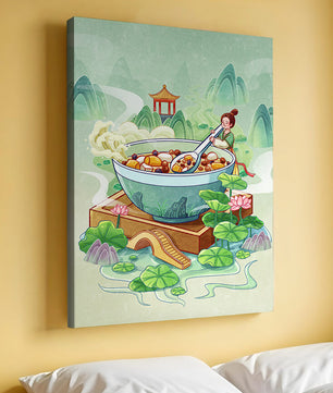Illustration of a traditional Asian scene with large bowl and serene landscape